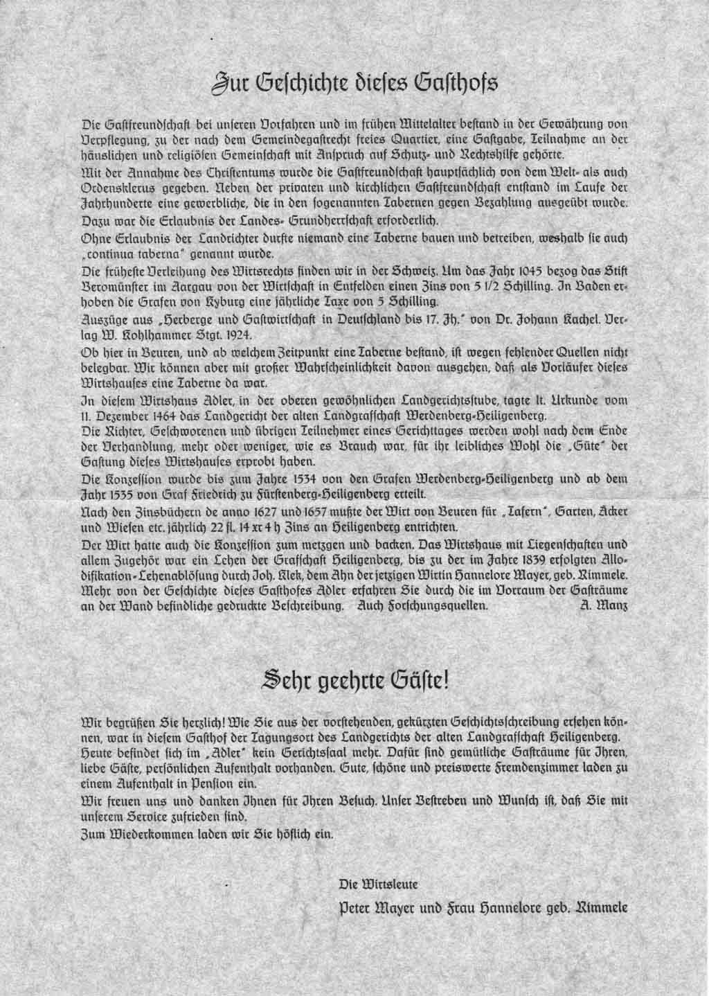 Gedrucktes Blatt „Zur Geschichte dieses Gasthofs“ mit der Chronik des Gasthofs Adler und dem Gruß der Wirtsleute Peter Mayer und Hannelore Mayer, geb. Rimmele